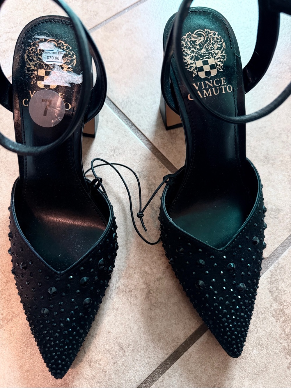 Vince Camuto Black Studded Pointed-Toe Ankle-Strap Heels